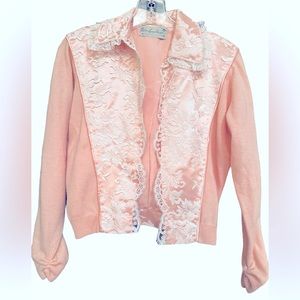VINTAGE PINK SATIN WHITE LACE BED JACKET SWEATER M